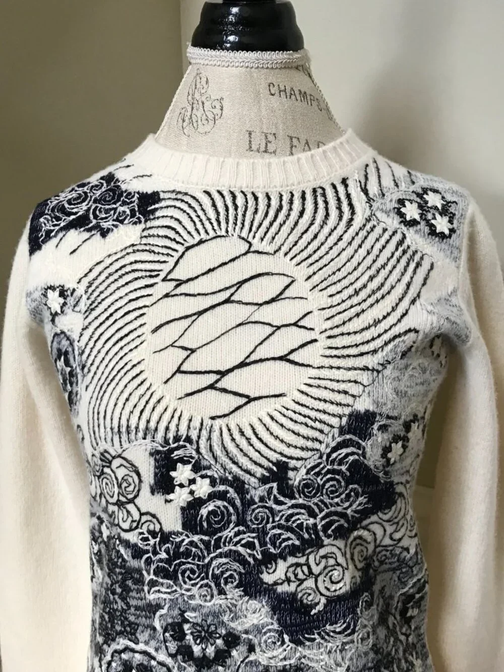 Christian Dior Le Soleil 2020 Sweater Womens 4 40 Cream Black Cashmere Crew Neck